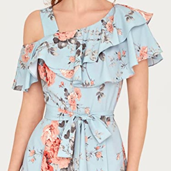 Women's Rose Floral Print Ruffle Hem Romper Short Sleeve Wide Leg Jumpsuit - Picture 7 of 13